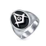 Secret Society Mens Stainless Steel Black Oval Masonic Signet Ring Silver Tone