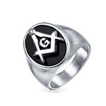 Secret Society Mens Stainless Steel Black Oval Masonic Signet Ring Silver Tone
