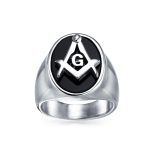Secret Society Mens Stainless Steel Black Oval Masonic Signet Ring Silver Tone - Image 7