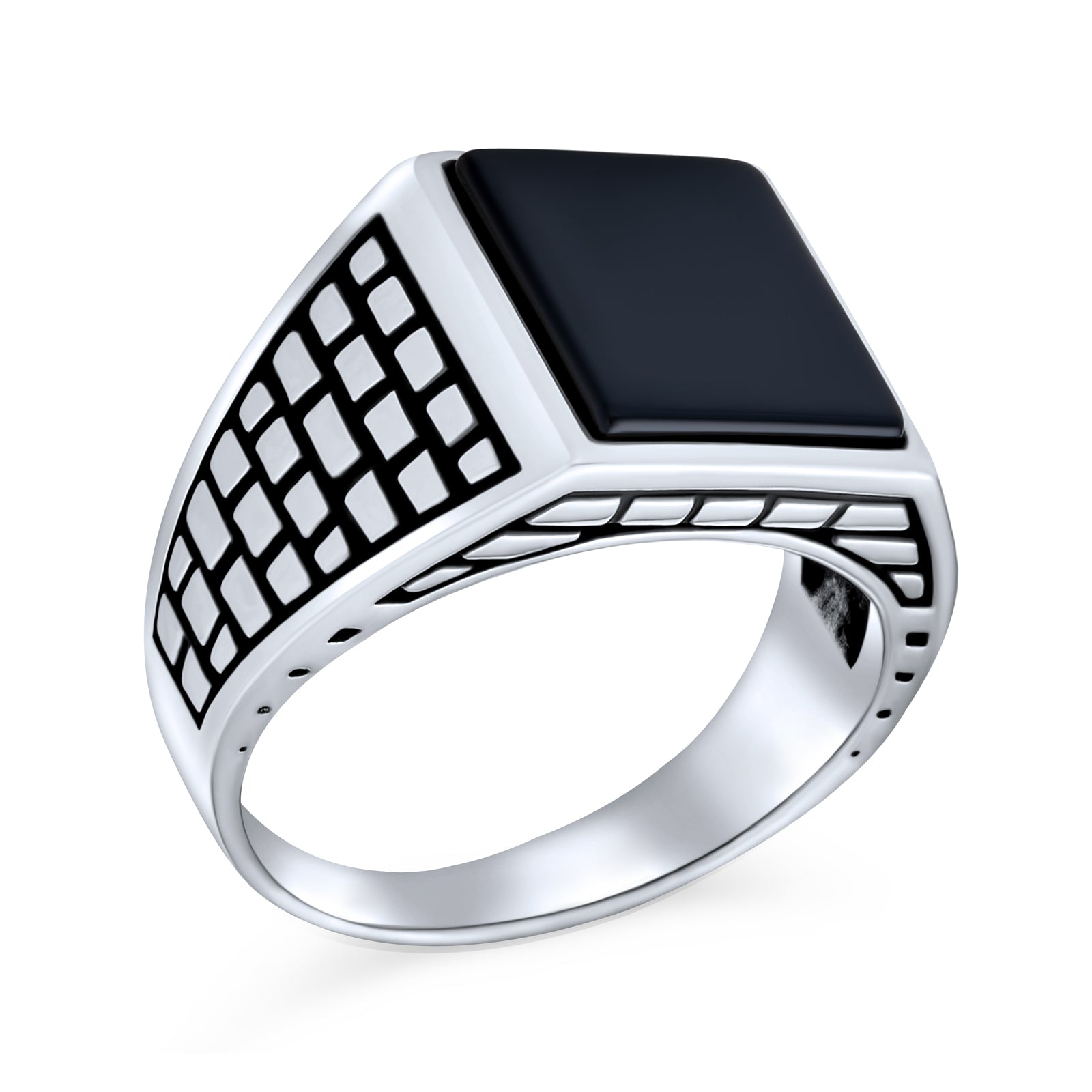 mens-ring-silver-cobble-stone-brick-onyx_pts-zky520ox_1 Retro Classic Mens Silver Ring with Black Onyx Gemstone Rectangle Signet Design - Image 1