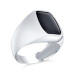 Elegant Mens Silver Ring Black Onyx Gemstone Geometric Rectangle Signet Design