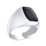 Elegant Mens Silver Ring Black Onyx Gemstone Geometric Rectangle Signet Design