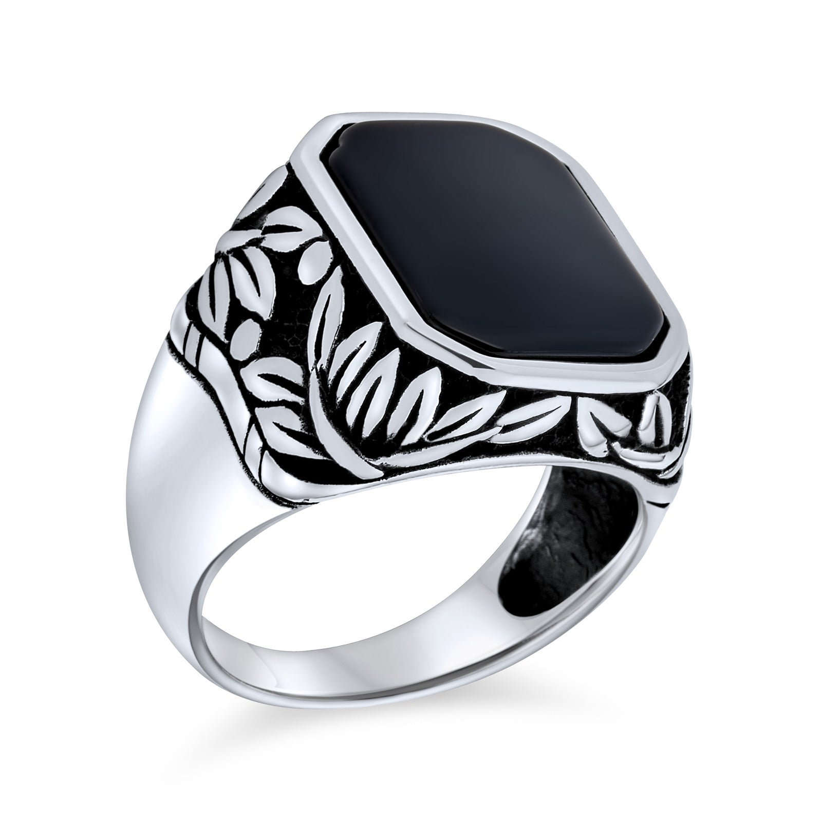 mens-ring-silver-vine-onyx_pts-zky1414ox_1 Retro Vintage Leaf Vine Black Onyx Octagon Rectangle Signet Ring Sterling Silver - Image 1