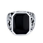Retro Vintage Leaf Vine Black Onyx Octagon Rectangle Signet Ring Sterling Silver - Image 2
