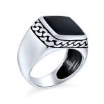 Retro Classic Mens Silver Ring with Black Onyx Gemstone and Chain Link Accent