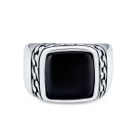 Retro Classic Mens Silver Ring with Black Onyx Gemstone and Chain Link Accent - Image 2