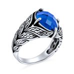 Unisex Mens Stainless Steel Vintage Oval Blue Sapphire CZ Ring Oxidized Silver