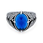Unisex Mens Stainless Steel Vintage Oval Blue Sapphire CZ Ring Oxidized Silver - Image 2