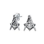 Tiny Square & Compass Masonic Freemason Stud Earrings for Men in Oxidized Silver