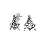 Tiny Square & Compass Masonic Freemason Stud Earrings for Men in Oxidized Silver