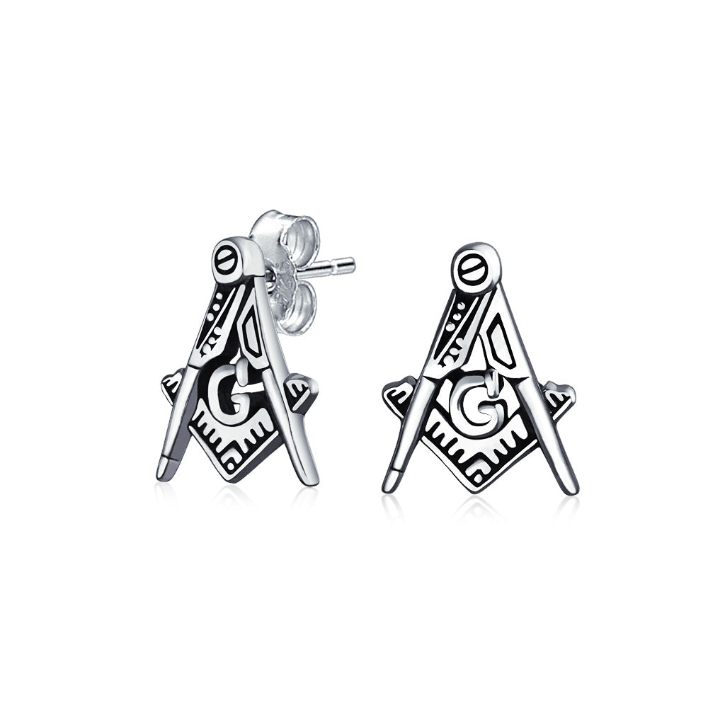 mens-stud-earrings-freemason-silver_pmr-s11093-az_1 Tiny Square & Compass Masonic Freemason Stud Earrings for Men in Oxidized Silver - Image 1