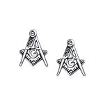 Set of 2 Tiny Masonic Freemason Stud Earrings and Brooch Pin Oxidized Silver - Image 5