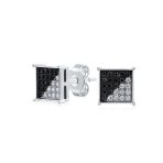 Geometric Black White CZ Stud Earrings for Men, Sterling Silver, 8MM Square