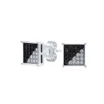 Geometric Black White CZ Stud Earrings for Men, Sterling Silver, 8MM Square