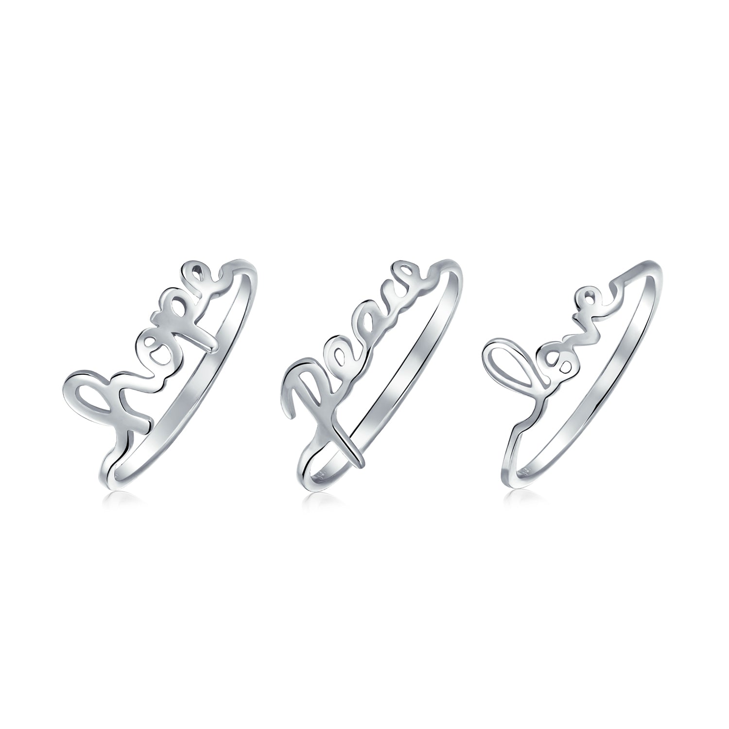 midi-peace-love-hope-rings_pfs-hpl-set_1 Set of 3 Inspirational Words Peace Love Hope Ring Set Sterling Silver - Image 1