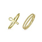 Minimalist Ankh Cross Twisted Stackable Bands Silver Ring Set 14K Gold Plated - Image 2