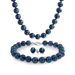 Peacock Blue Black Freshwater Cultured Pearl Jewelry Set Necklace Bracelet Earrings
