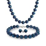Peacock Blue Black Freshwater Cultured Pearl Jewelry Set Necklace Bracelet Earrings