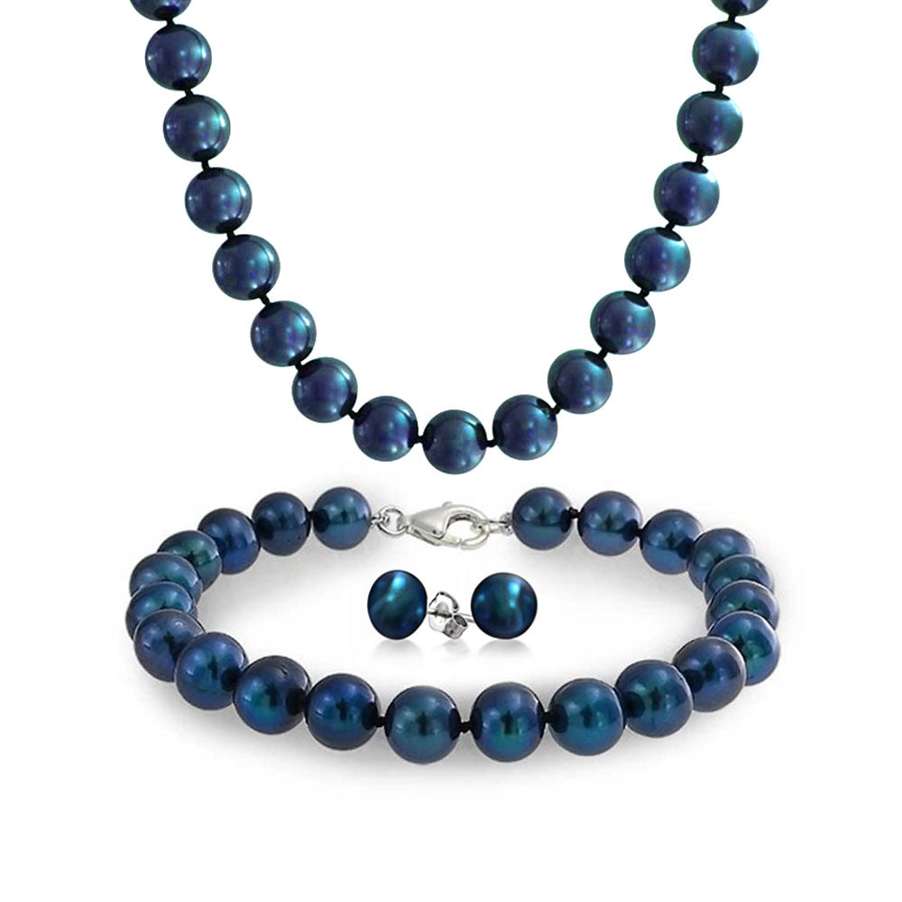 midnight-pearl-set-peacock-silver_bs-ps304-pck_1 Peacock Blue Black Freshwater Cultured Pearl Jewelry Set Necklace Bracelet Earrings - Image 1