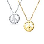 Set of 2 Minimalist World Peace Sign Pendant Necklace Gold Plated Silver
