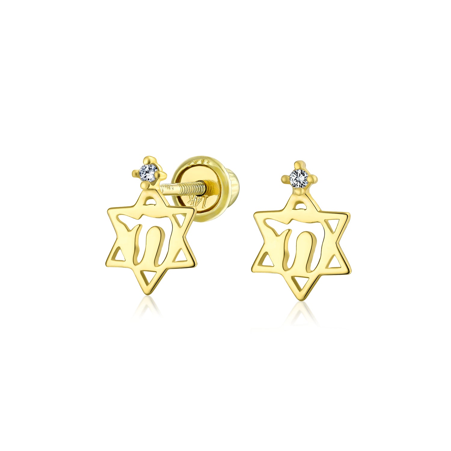 minimalist-cz-accent-hebrew-chai_gio-fe2840-az_1 Tiny Petite Judaic Jewelry CZ Stud Earrings 14K Gold Star Of David Secure Back - Image 1
