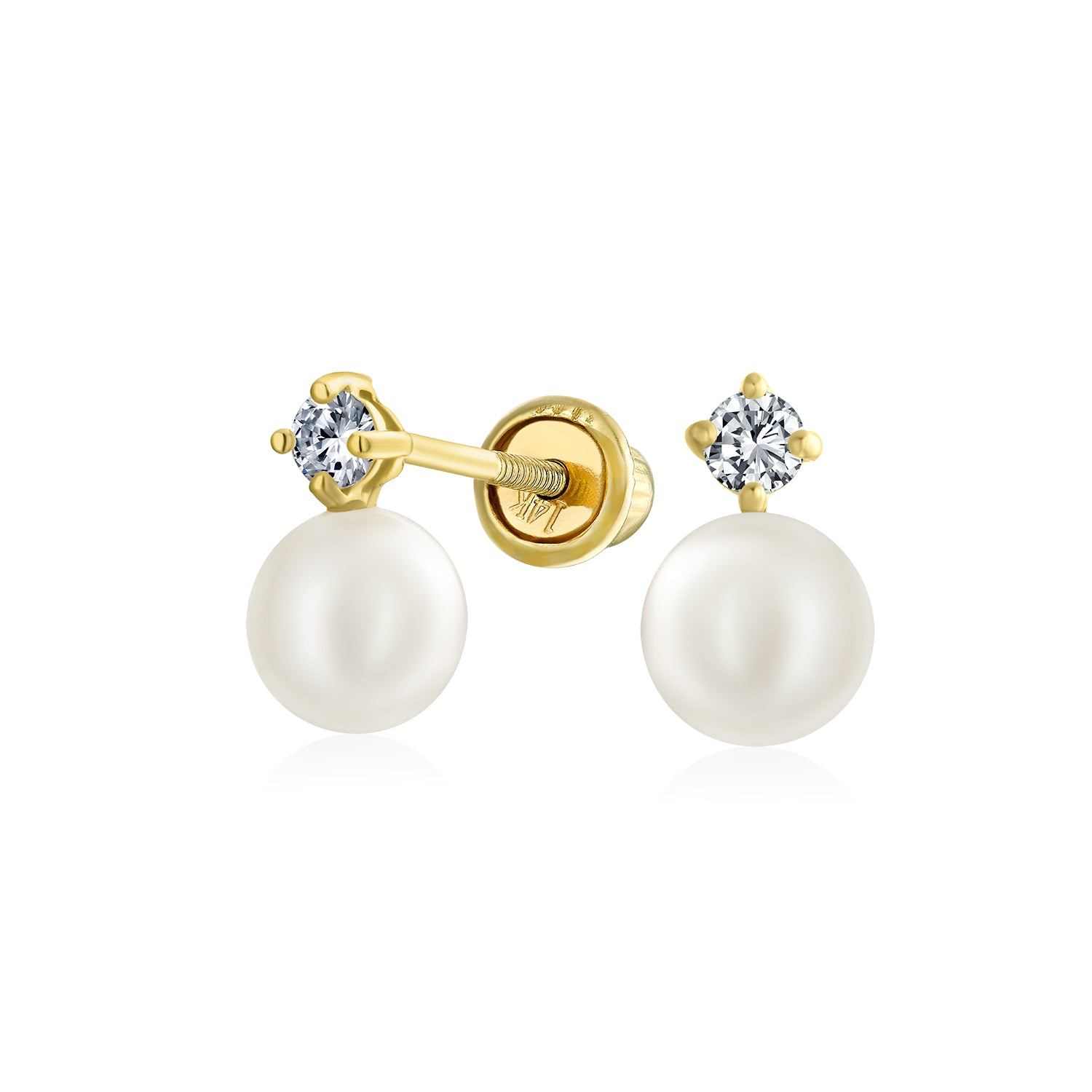 minimalist-cz-accent-real-14k_gio-pe0006-az_1 14K Gold Pearl Stud Earrings with Secure Screw Back - Image 1