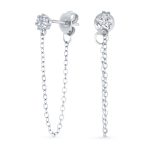 Minimalist 4MM Star CZ Stud Earrings with Delicate Chain in 14K Gold or Silver