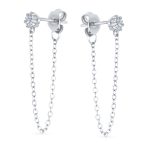Minimalist 4MM Star CZ Stud Earrings with Delicate Chain in 14K Gold or Silver - Image 3