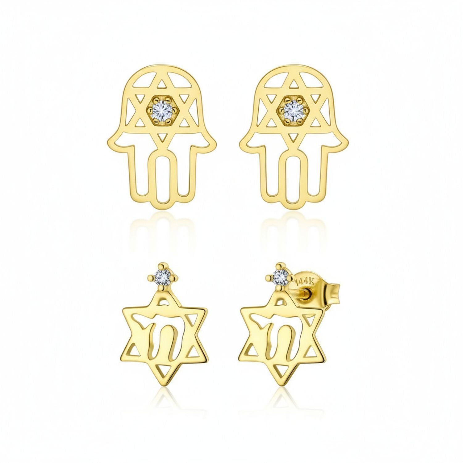 minimalist-hebrew-hamsa-gold-stud-earrings-two-pair-gio-fe2403-set-az Set of 2 Tiny Judaic Jewelry CZ Stud Earrings 14K Gold Hamsa Star Of David - Image 1