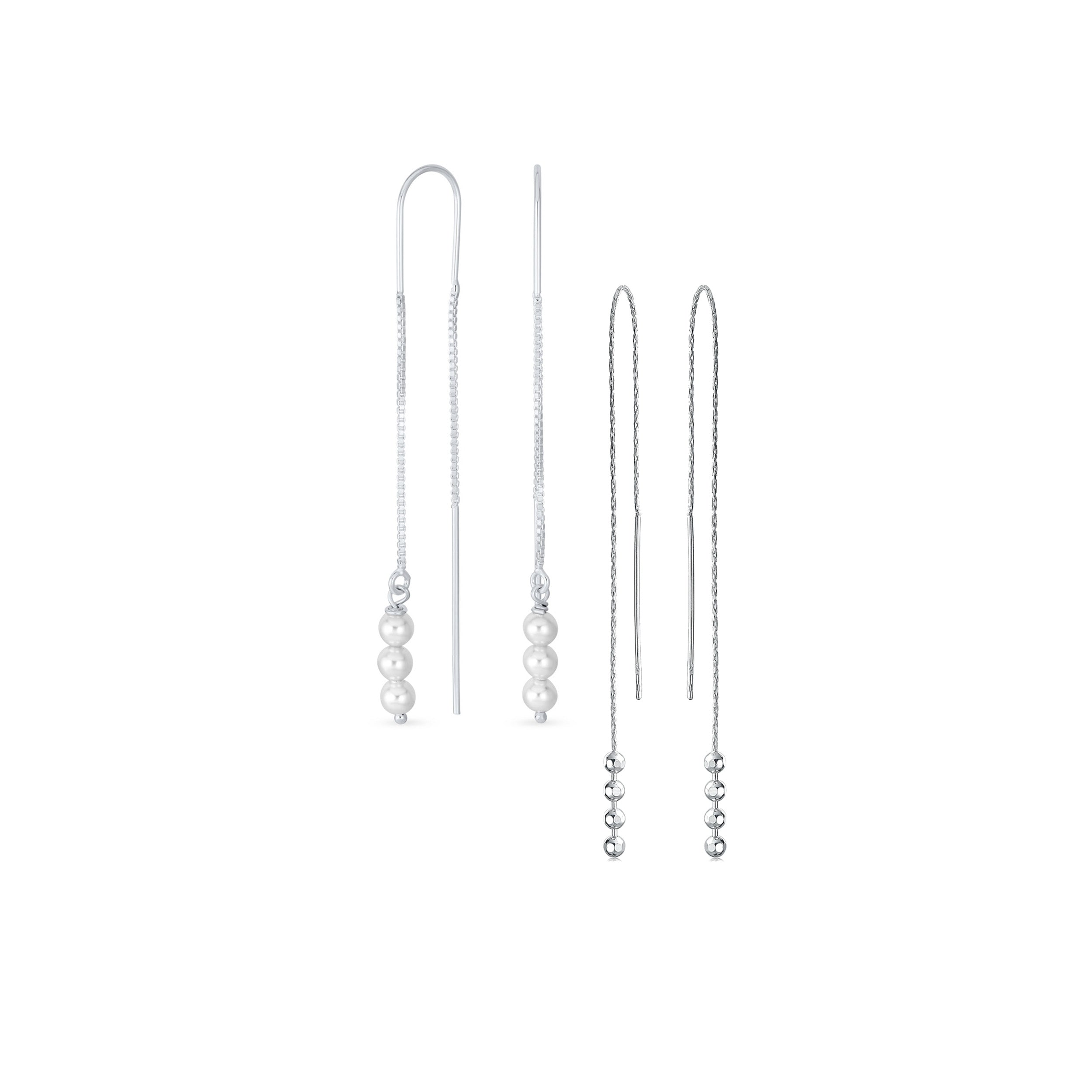 minimalist-hook-pearl-threader-earrings-srn-dj05-4620e-set-az Set of 2 Minimalist Long Chain Wire Hook Dangle Earrings 3 Pearls 4 Bead Balls - Image 1