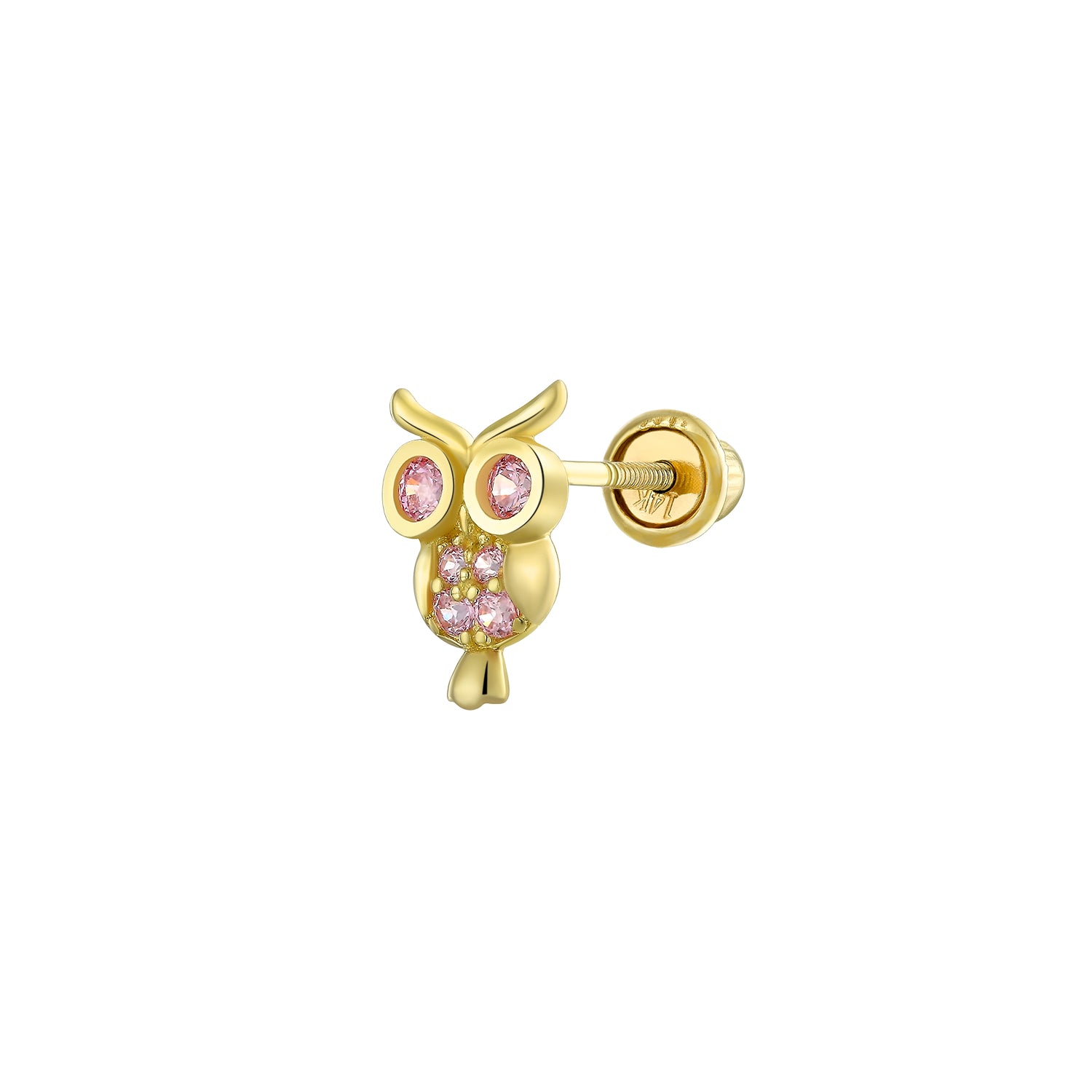 minimalist-pink-cz-lucky-wise_gio-fe2894-1p-az_1 Tiny Pink CZ Owl Helix Cartilage Ear Stud Earring 14K Gold Screw Back - Image 1