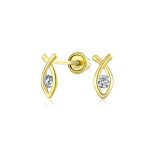 Tiny Modern CZ Stud Earrings: 14K Gold Ichthus Christian Jesus Fish Screw Back