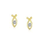 Tiny Modern CZ Stud Earrings: 14K Gold Ichthus Christian Jesus Fish Screw Back - Image 2