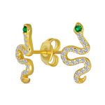 Minimalist CZ Stud Earrings: Green Eyed Snake in Gold Plated Silver