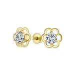 Tiny Cubic Zirconia Clear CZ Center Open Flower Stud Earrings 14K Gold Screw-back