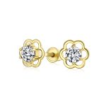 Tiny Cubic Zirconia Clear CZ Center Open Flower Stud Earrings 14K Gold Screw-back