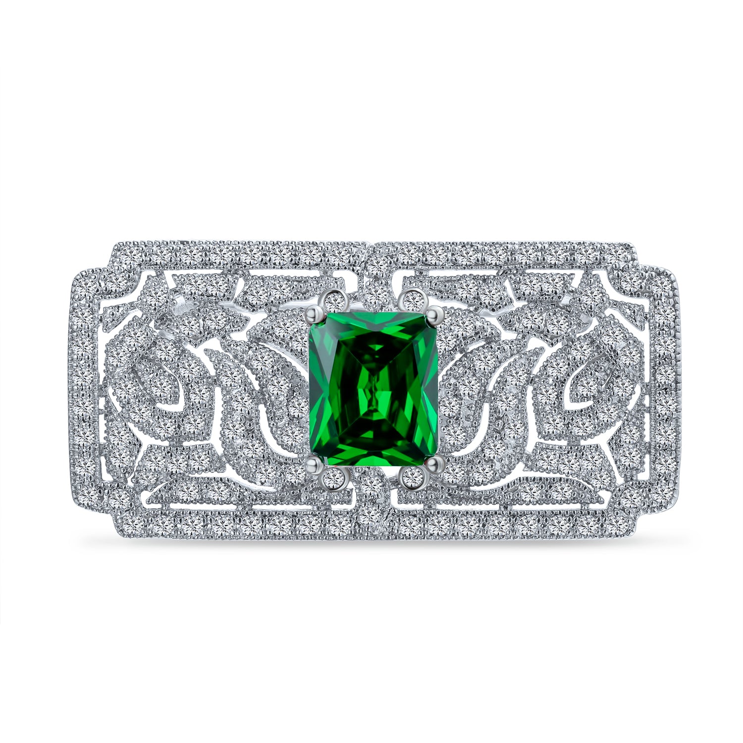 ml-yb10094-g Art Deco Style Filigree Emerald Green Cubic Zirconia CZ Rectangle Cocktail Lapel Scarf Brooch Pin - Image 1