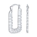 Lightweight Large Rectangle Texture Bamboo Hoop Earrings .925 Sterling Silver