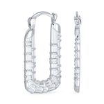 Lightweight Large Rectangle Texture Bamboo Hoop Earrings .925 Sterling Silver