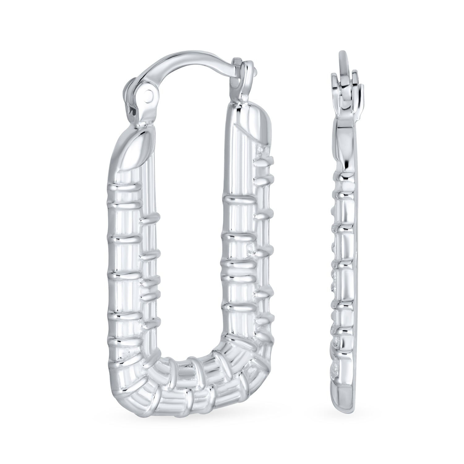 modern-geometric-bamboo-hoop-earrings-srn-s937228es-01 Lightweight Large Rectangle Texture Bamboo Hoop Earrings .925 Sterling Silver - Image 1