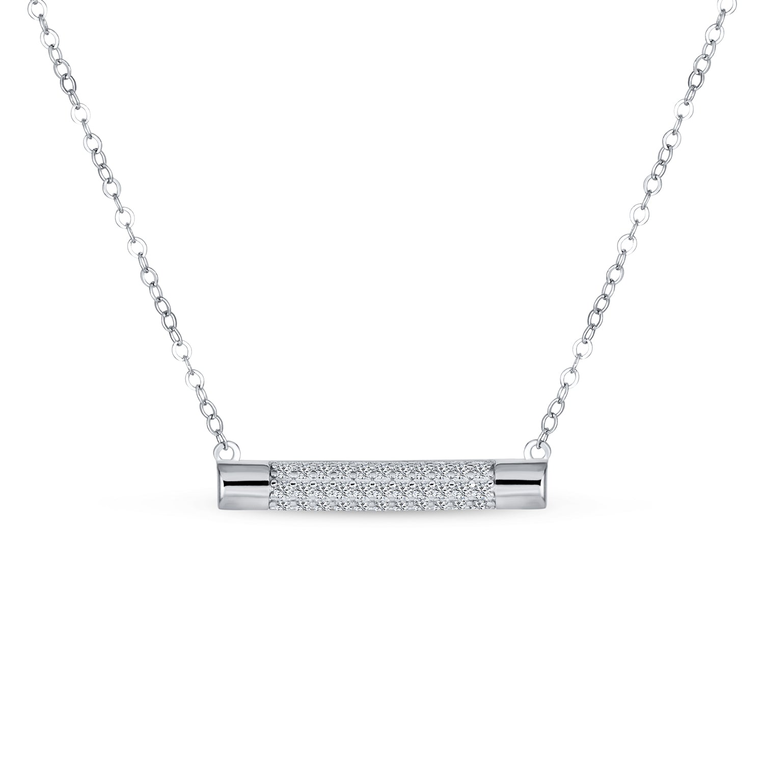 modern-horizontal-bar-sideways-sterling-pfs-55-3065-01 Simple Modern CZ Round Bar Sideways Pendant Necklace in Sterling Silver - Image 1