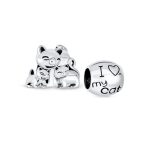 Set of 2 Mommy Cat & Kittens Family &  I Love My Cat Round Charm Bead Silver