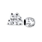 Set of 2 Mommy Cat & Kittens Family &  I Love My Cat Round Charm Bead Silver