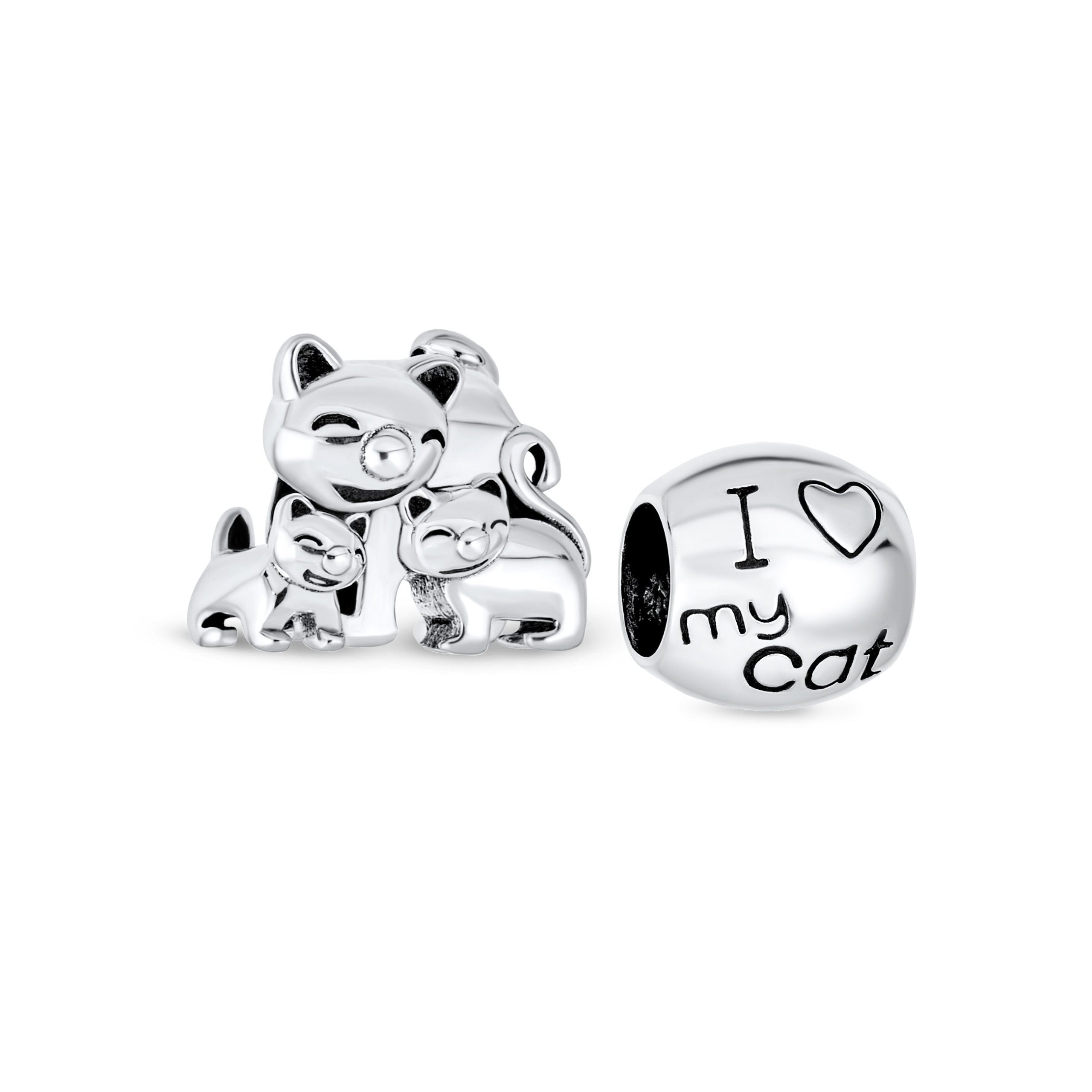 mommy-cat-kittens-charm-pbx-hs-1085-dset-az Set of 2 Mommy Cat & Kittens Family & I Love My Cat Round Charm Bead Silver - Image 1