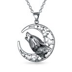 Crescent Moon & Stars Pendant Necklace Werewolf Howling Wolf Oxidized Silver