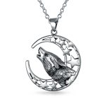Crescent Moon & Stars Pendant Necklace Werewolf Howling Wolf Oxidized Silver