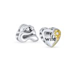 Set of 2 Mother Loving Family Flower Daisy CZ Heart 'My Wife' Charm Bead Silver
