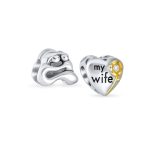 Set of 2 Mother Loving Family Flower Daisy CZ Heart 'My Wife' Charm Bead Silver