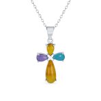Religious Cabochon Gemstones Multi Color Jade Cross Pendant Necklace .925 Sterling Silver - Image 2
