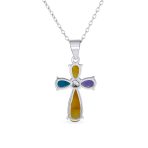 Religious Cabochon Gemstones Multi Color Jade Cross Pendant Necklace .925 Sterling Silver - Image 4